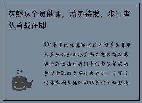 灰熊队全员健康，蓄势待发，步行者队首战在即