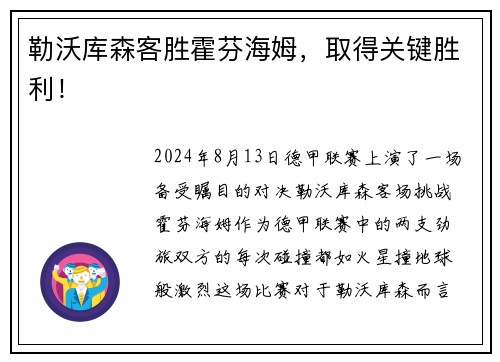 勒沃库森客胜霍芬海姆，取得关键胜利！