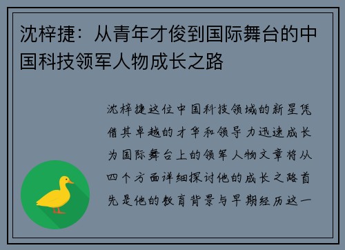 沈梓捷：从青年才俊到国际舞台的中国科技领军人物成长之路