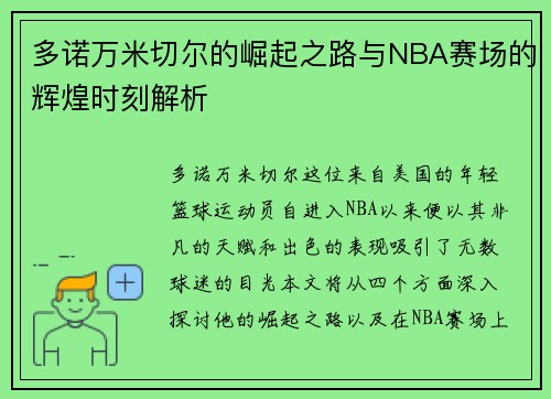 多诺万米切尔的崛起之路与NBA赛场的辉煌时刻解析